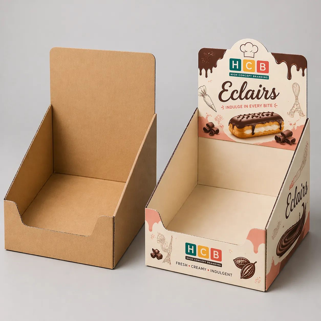 Two open countertop display boxes, one blank and one featuring vibrant illustrations of various éclairs. class=